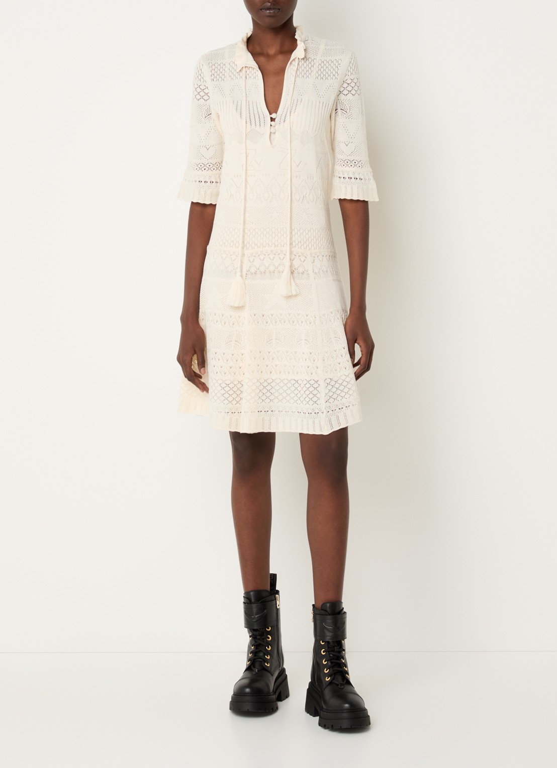 Zadig&Voltaire Memphisa grofgebreide mini jurk met opengewerkt dessin - voorkant 2 creme