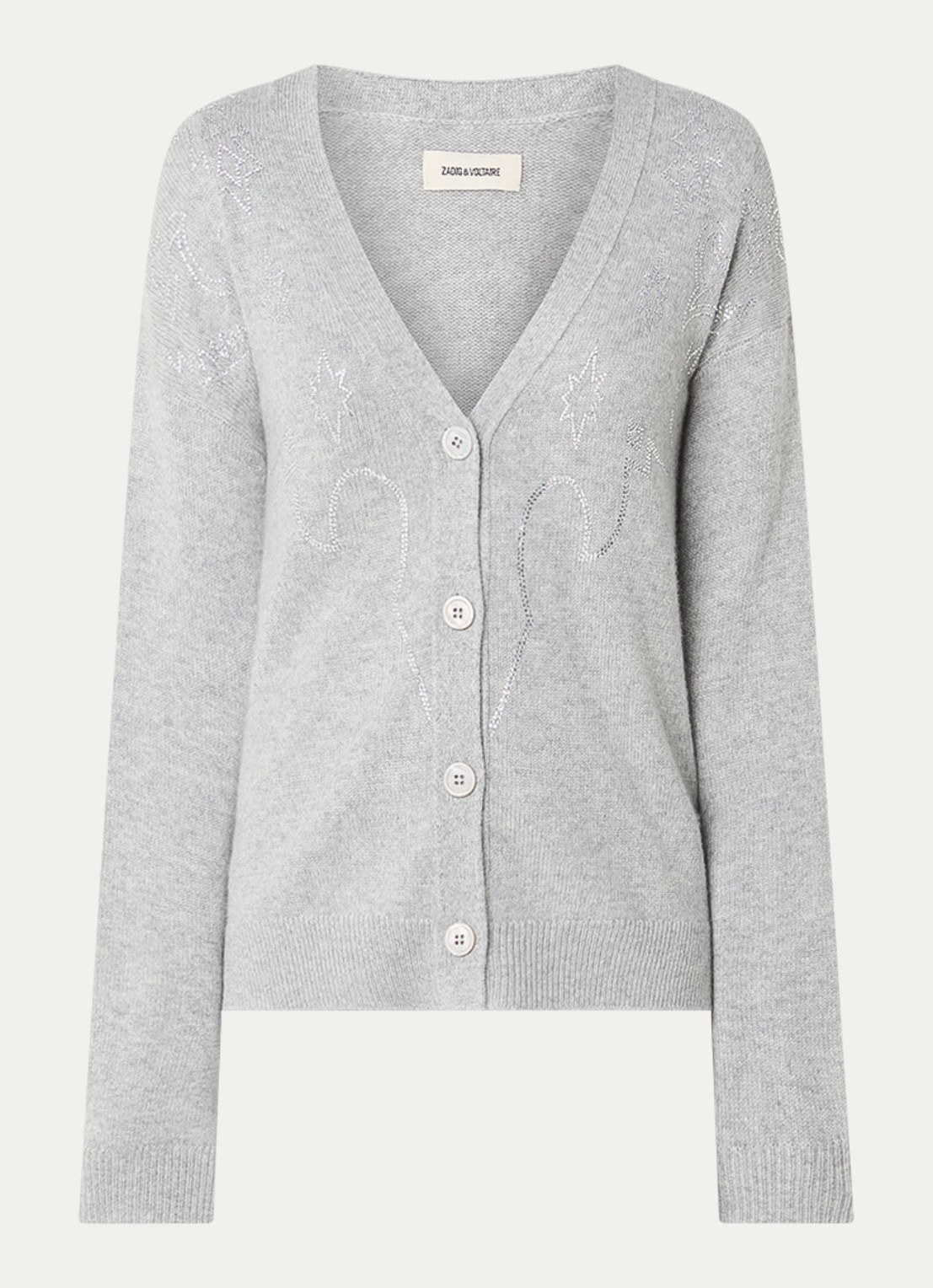 Zadig&Voltaire Mirkaz fijngebreid vest van kasjmier met strass - voorkant lichtgrijs