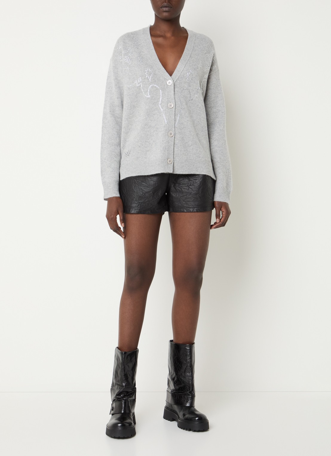 Zadig&Voltaire Mirkaz fijngebreid vest van kasjmier met strass - voorkant 2 lichtgrijs