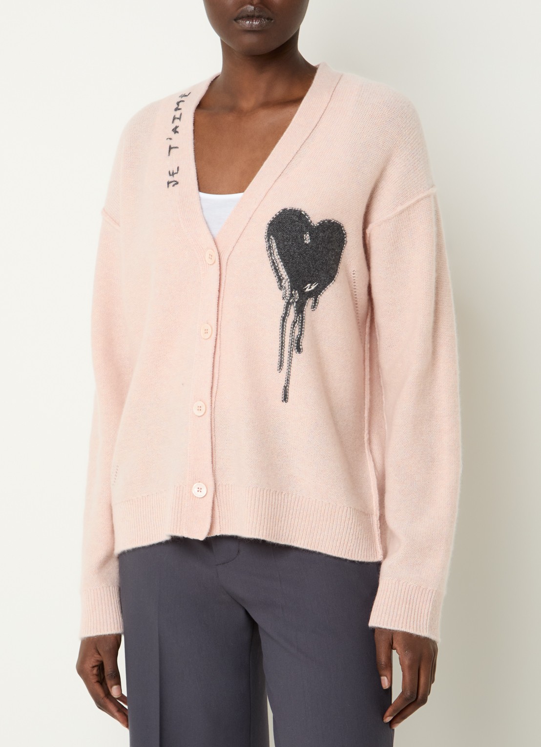 Zadig&Voltaire Mirkaz grofgebreid vest van kasjmier met logoprint - detail 2 lichtroze
