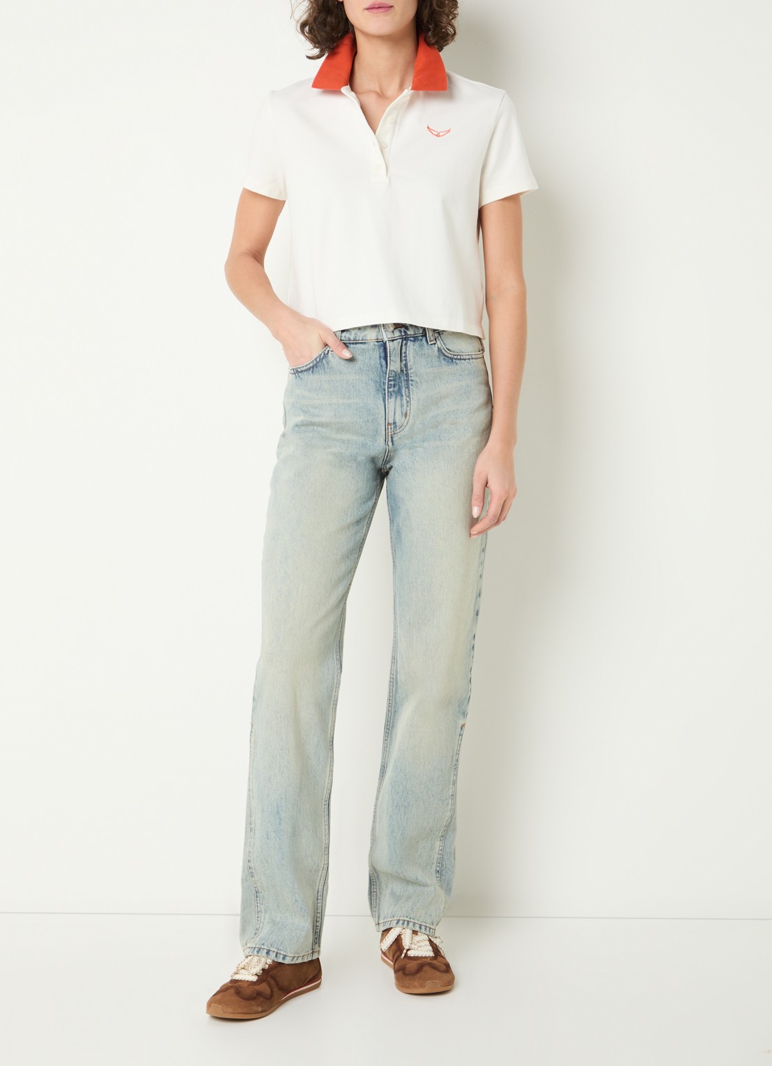 Zadig&Voltaire Mirta cropped polo met logoborduring - voorkant 3 gebroken wit