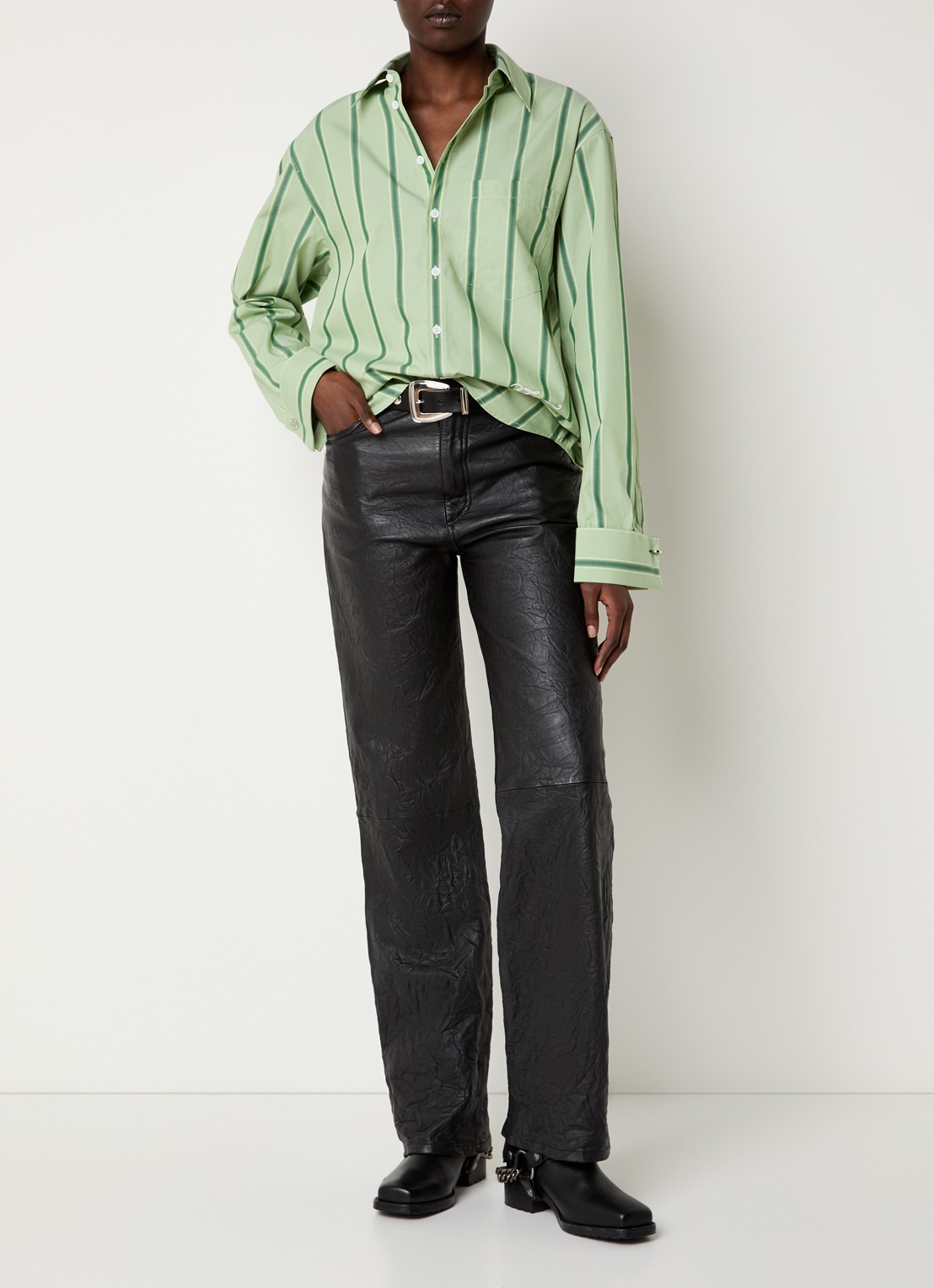 Zadig&Voltaire Morning blouse met logo en streepprint  - voorkant 2 lichtgroen