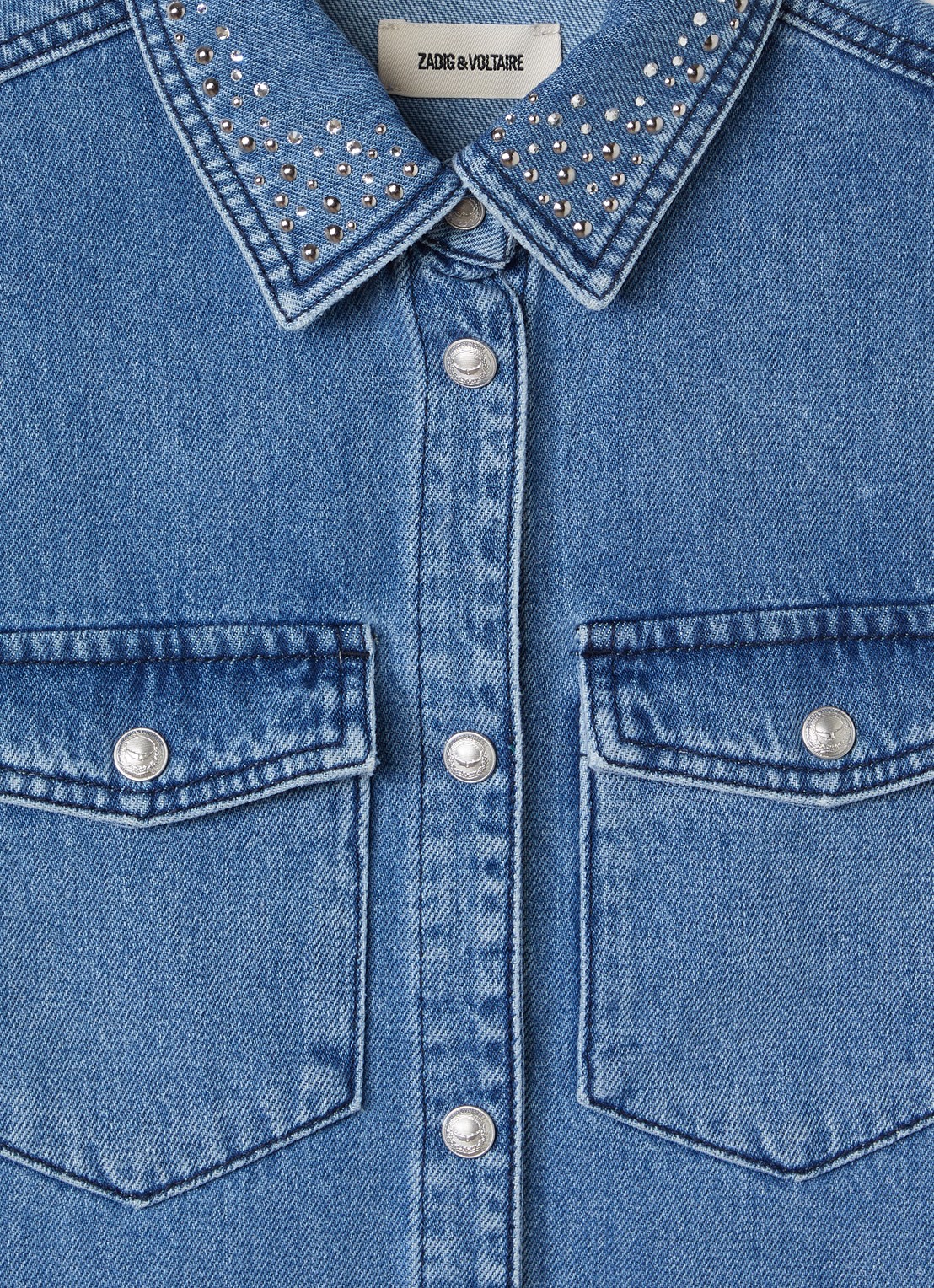 Zadig&Voltaire Mouwloze denim blousejurk met strass - detail indigo