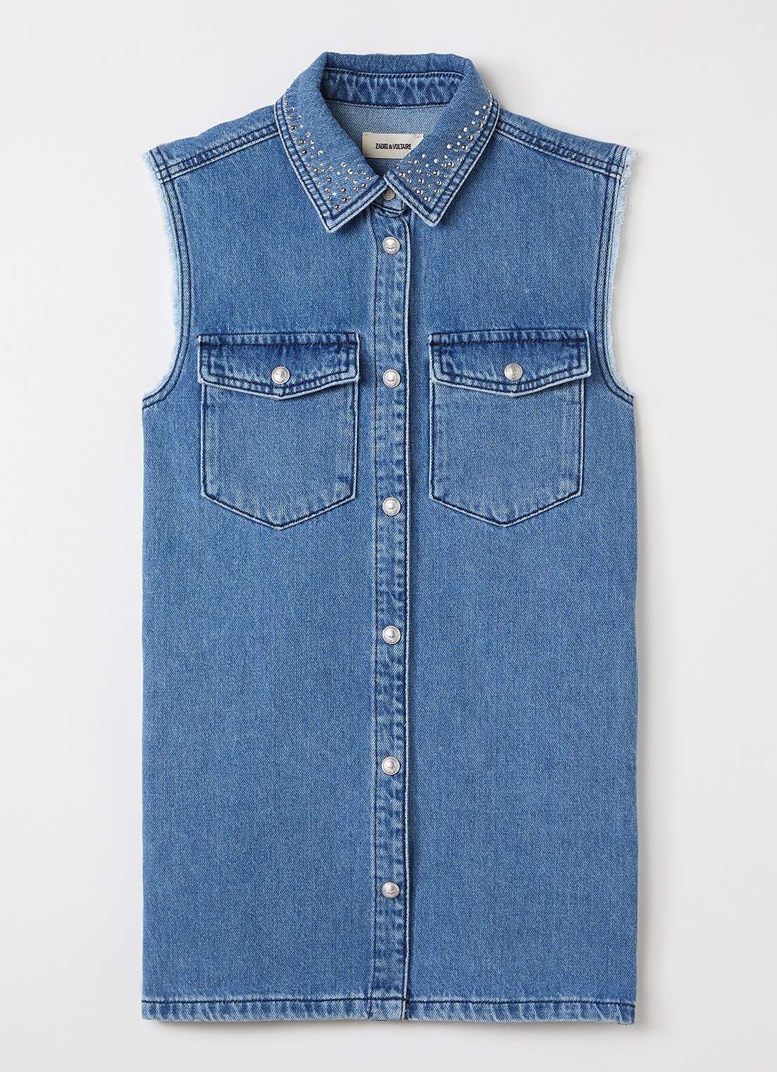 Zadig&Voltaire Mouwloze denim blousejurk met strass - voorkant 2 indigo