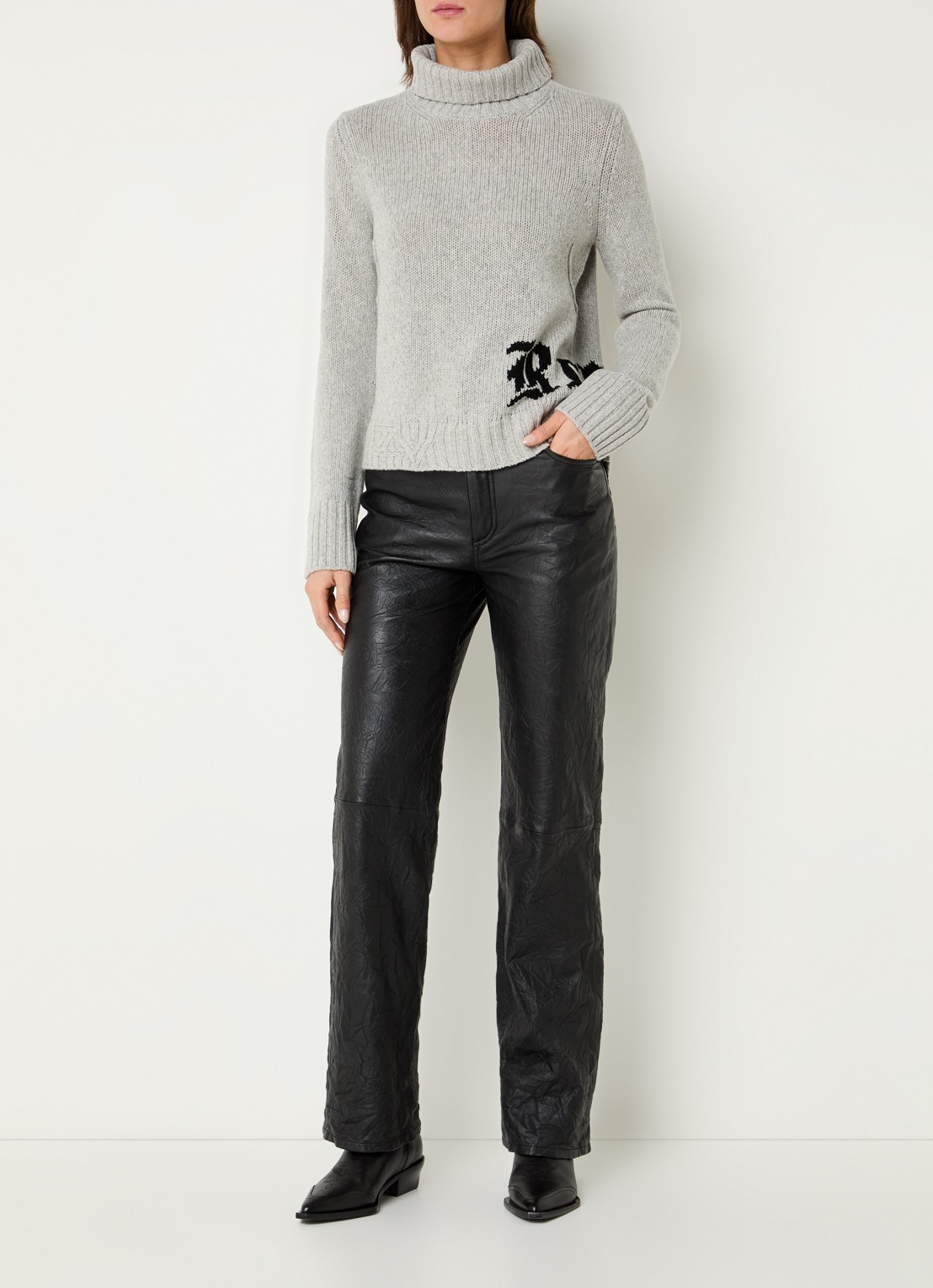 Zadig&Voltaire Nalma grofgebreide trui van merino wol met col - voorkant 3 lichtgrijs