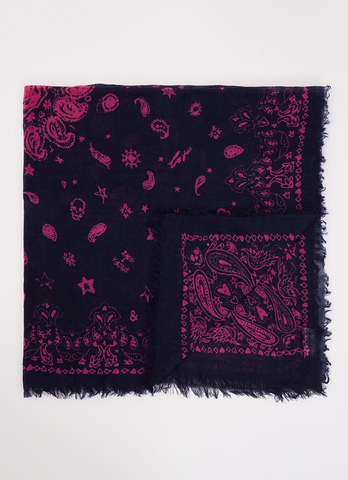 Zadig&Voltaire Nuage sjaal van kasjmier met paisley dessin 90 x 90 cm - voorkant fuchsia
