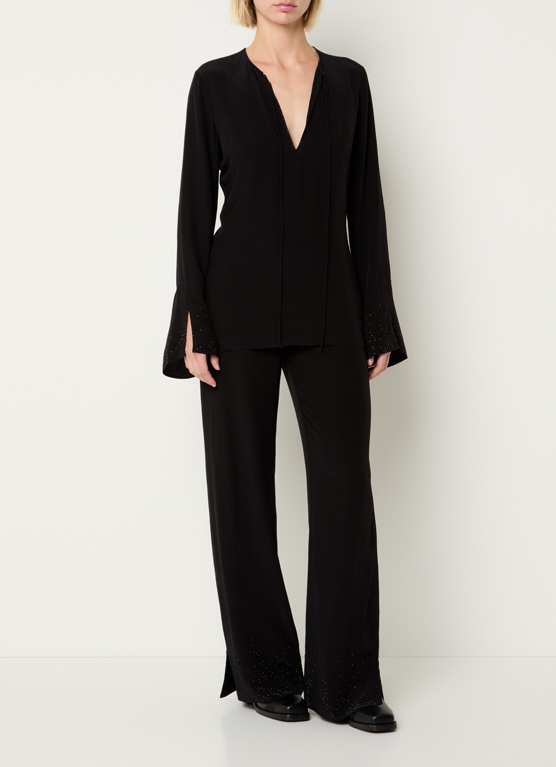 Zadig&Voltaire Papel high waist wide fit pantalon met strass - voorkant 2 zwart