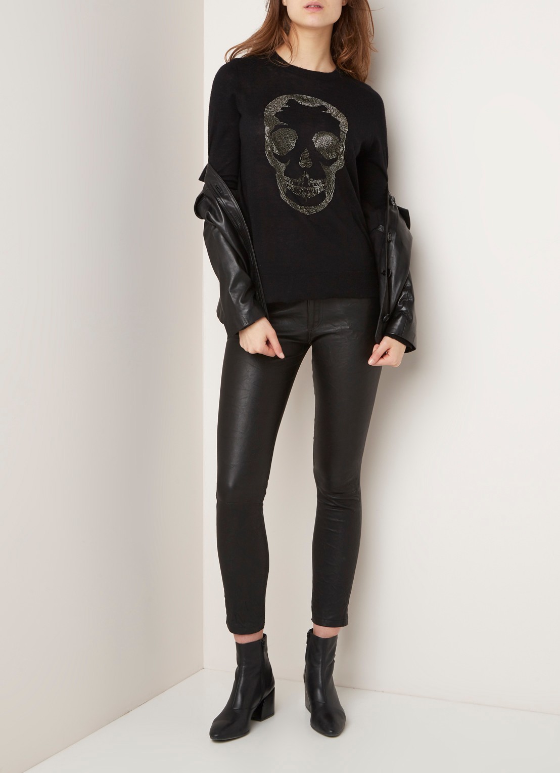 Zadig&Voltaire Phlame cropped skinny fit broek van lamsleer met gekreukte finish - voorkant 3 zwart