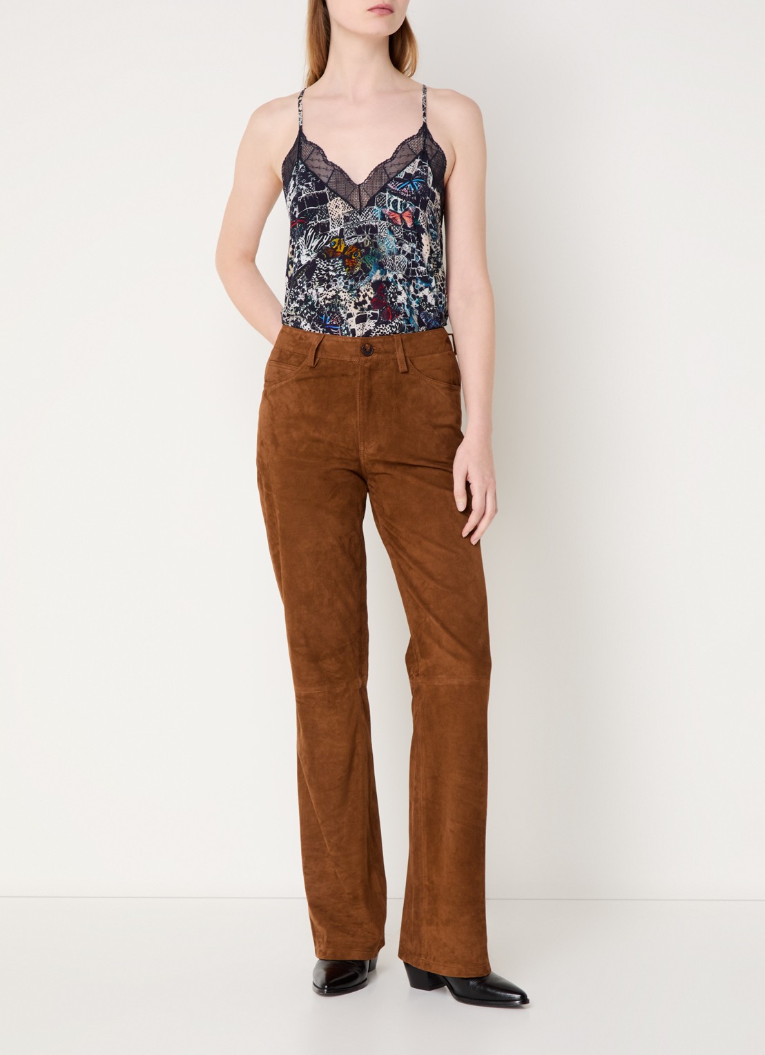 Zadig&Voltaire Pistol high waist bootcut fit broek van geitensuède - voorkant 6 cognac