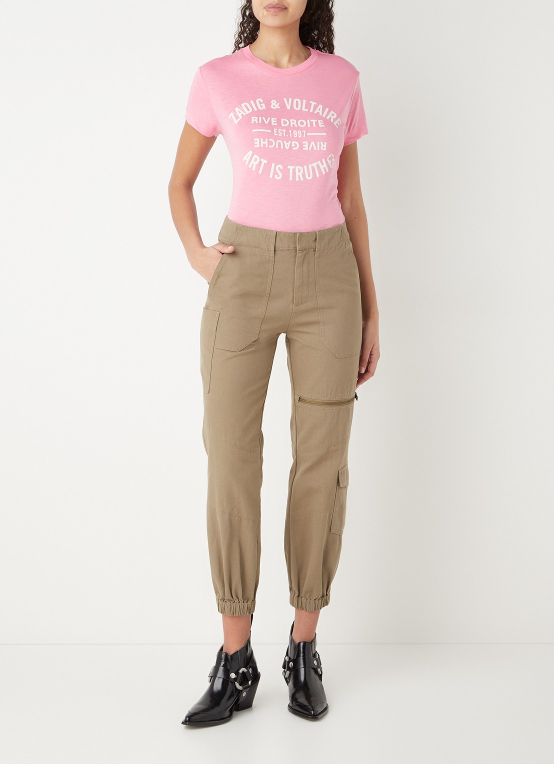 Zadig&Voltaire Poder high waist tapered fit cropped cargobroek  - voorkant 3 khaki