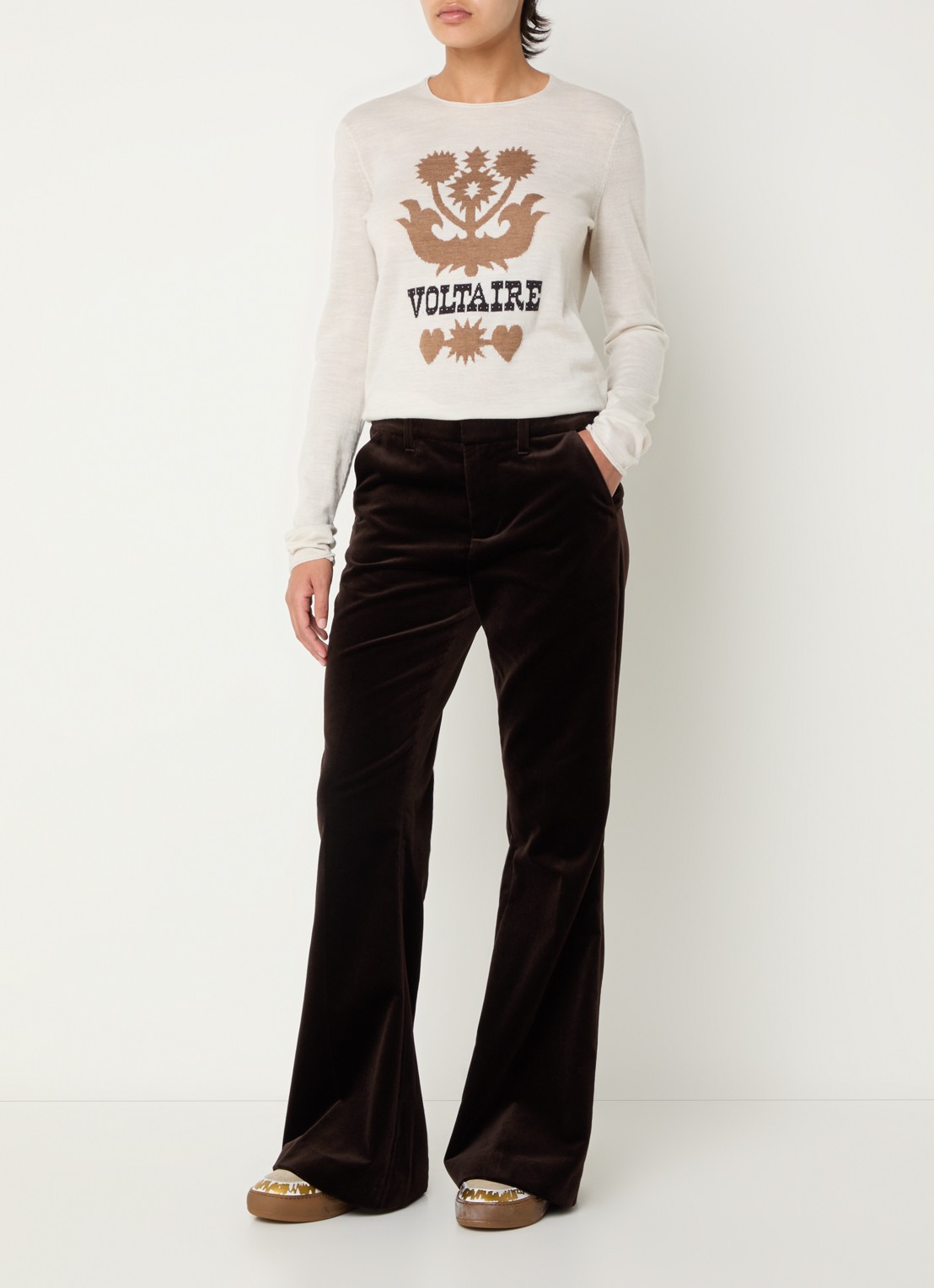 Zadig&Voltaire Prevy high waist flared fit pantalon van fluweel met steekzakken - voorkant 3 donkerbruin