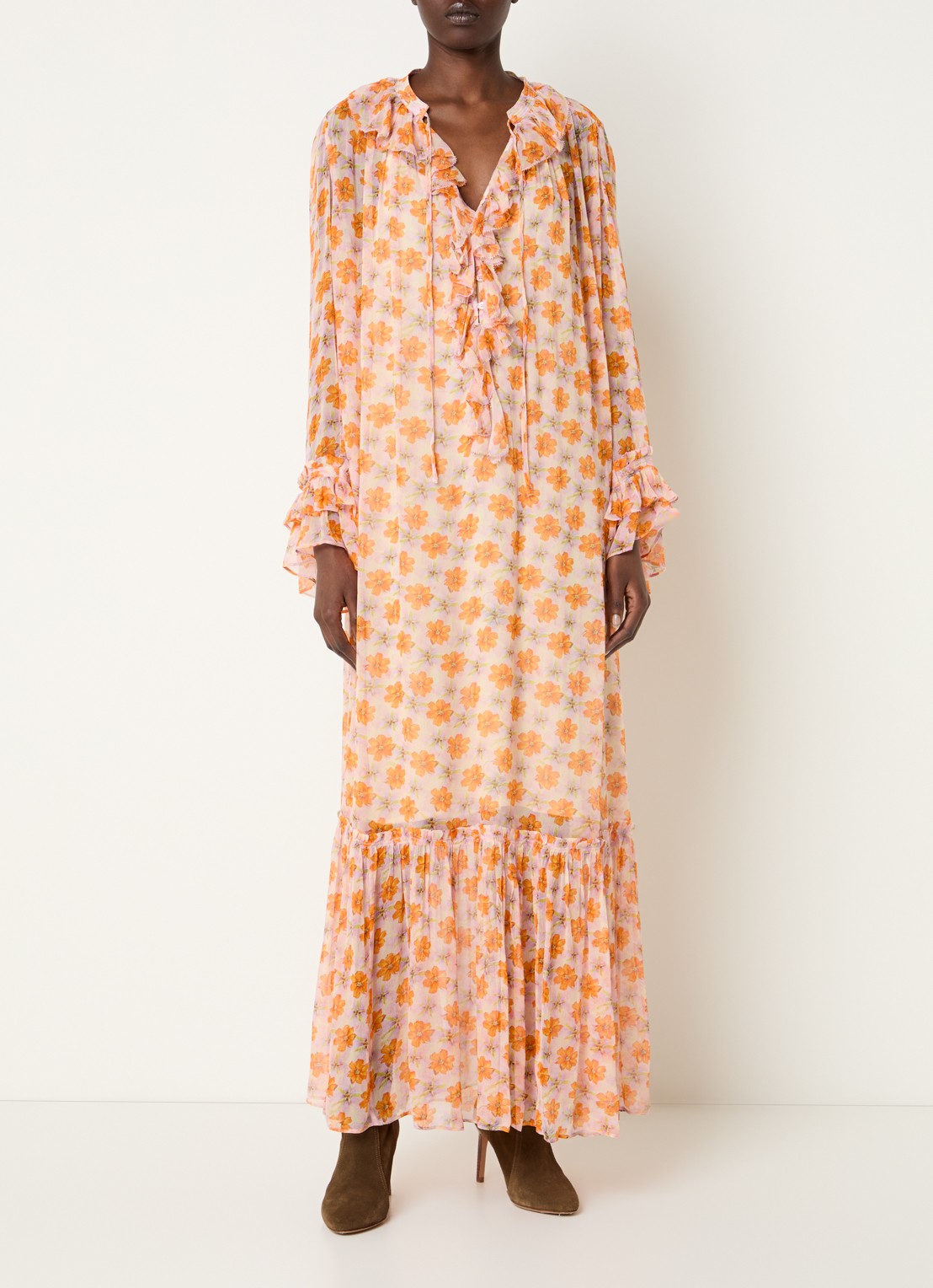 Zadig&Voltaire Ralicel maxi tuniekjurk met bloemenprint en ruches - detail 2 orange