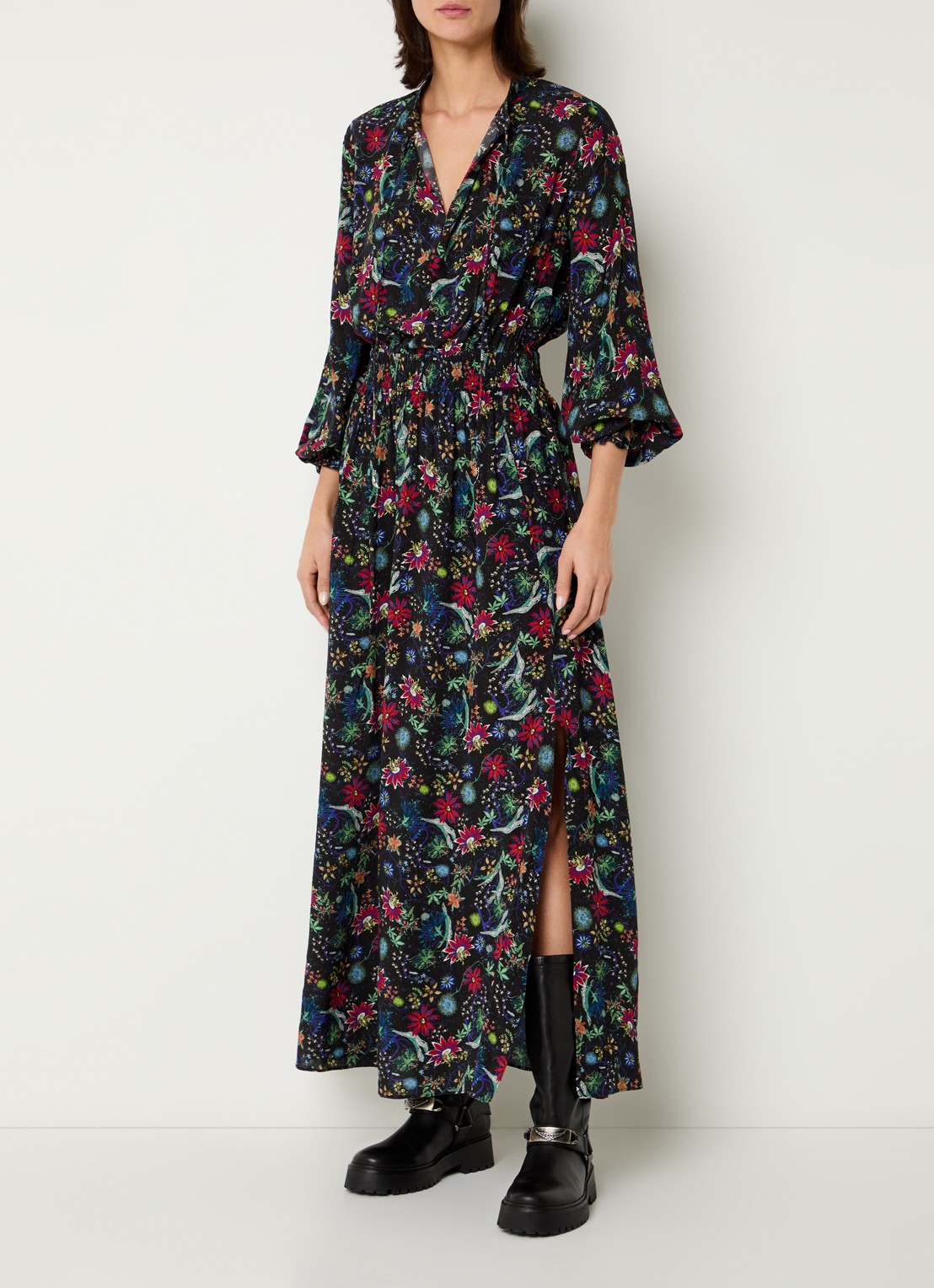 Zadig&Voltaire Rayado maxi jurk met bloemenprint en split - detail koraal