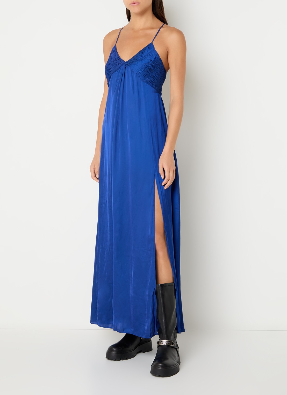 Zadig&Voltaire Rayonne maxi jurk van satijn met smockwerk en split - detail 2 geel