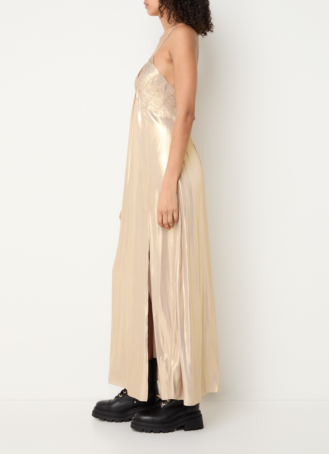 Zadig&Voltaire Rayonne maxi jurk van satijn met split - voorkant 3 goud