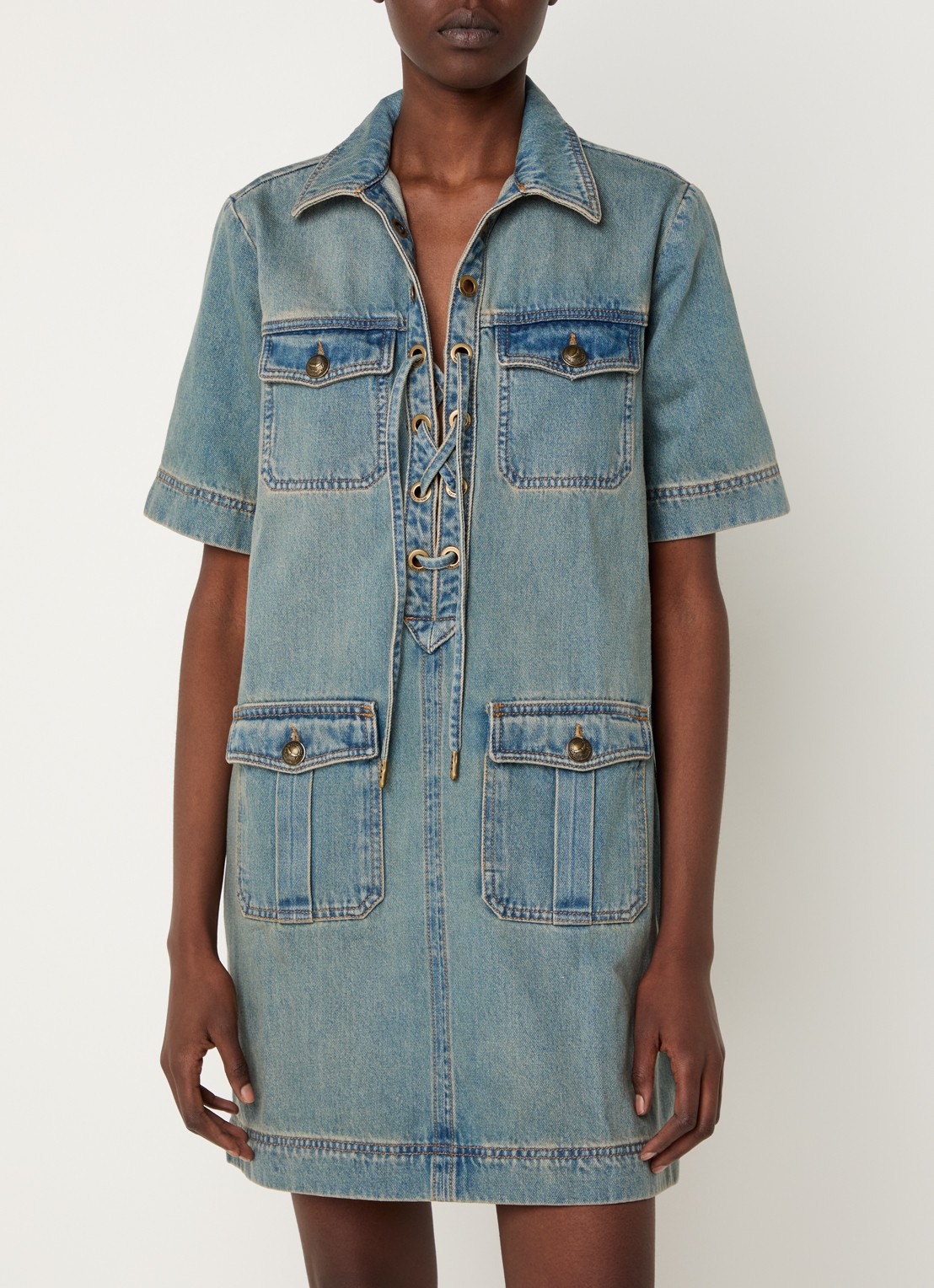 Zadig&Voltaire Record mini denim jurk met klepzakken - detail 4 indigo