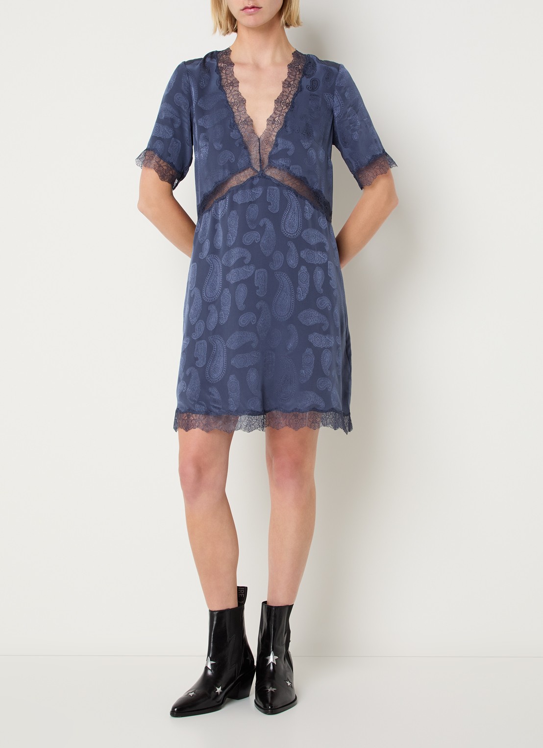 Zadig&Voltaire Redoxa mini tuniekjurk van zijde met details van kant - voorkant 3 royalblauw