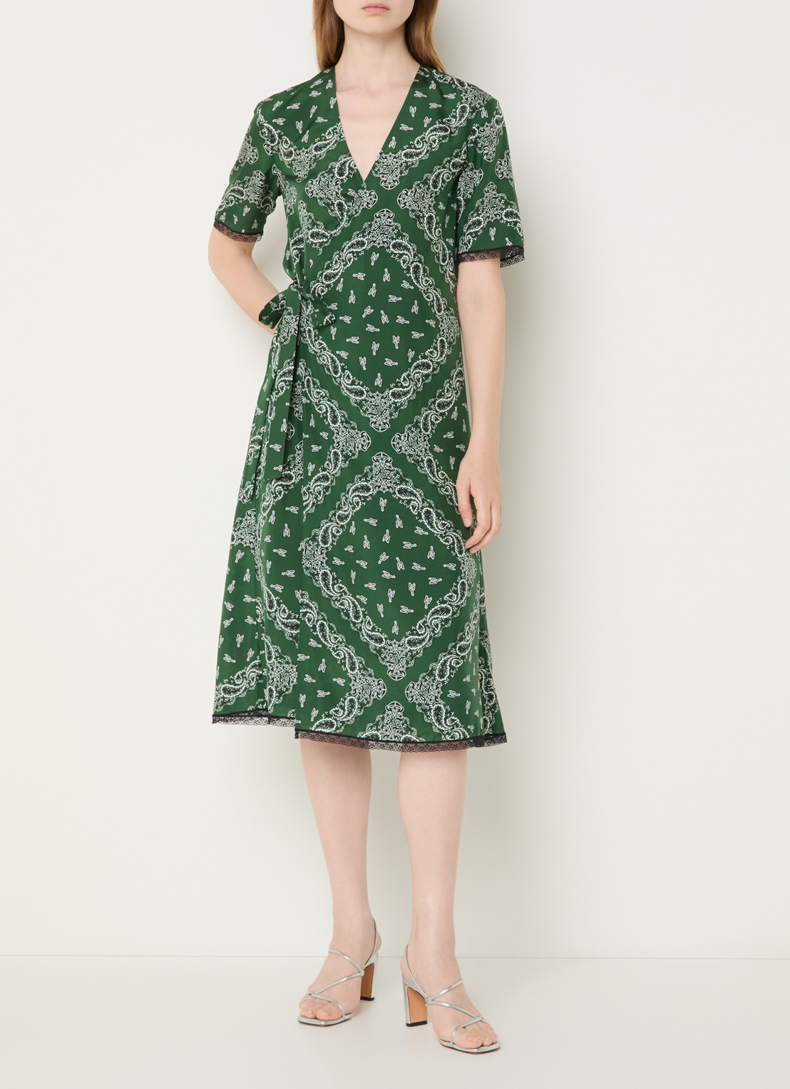 Zadig&Voltaire Reforme midi jurk met strikdetail en paisley dessin - detail groen