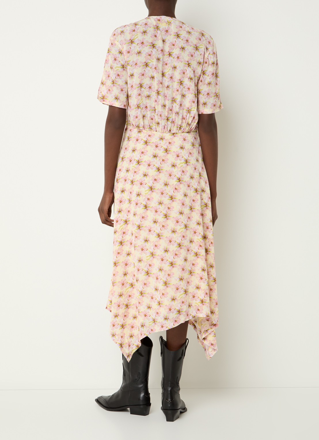 Zadig&Voltaire Reforme midi wikkeljurk met bloemenprint - achterkant 4 lichtgeel