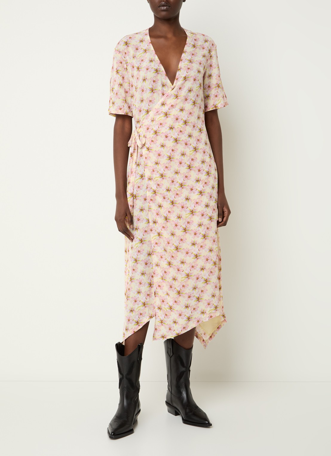 Zadig&Voltaire Reforme midi wikkeljurk met bloemenprint - detail lichtgeel