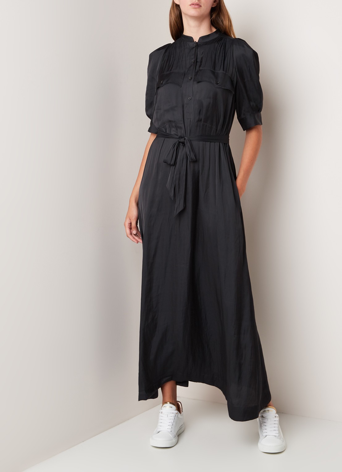 Zadig&Voltaire Remedy maxi jurk van satijn met strikceintuur - voorkant 4 zwart