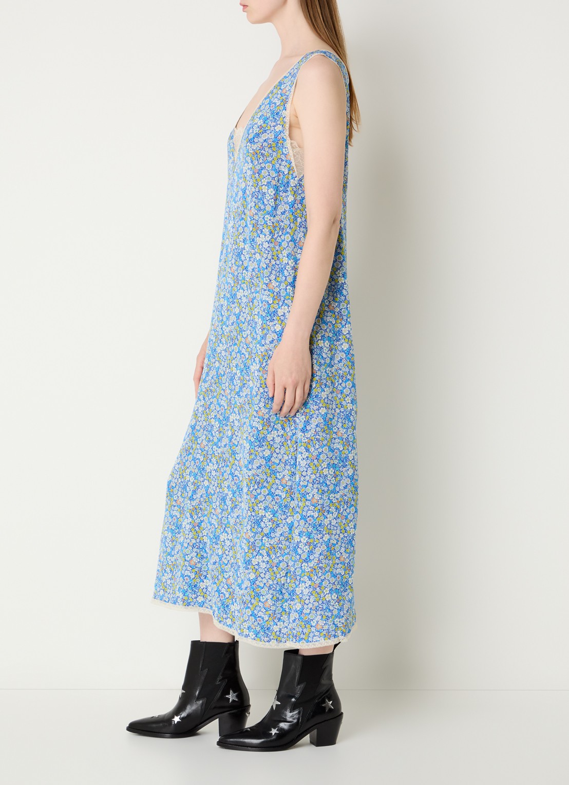 Zadig&Voltaire Renzo midi jurk met bloemenprint en details van kant  - voorkant 3 blauw