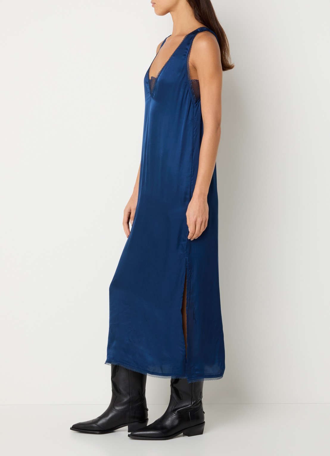 Zadig&Voltaire Renzo midi jurk van satijn met details van kant - voorkant 3 indigo