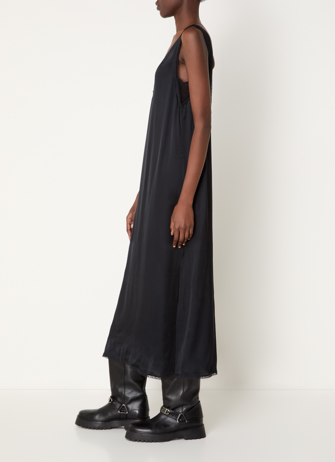 Zadig&Voltaire Renzo midi jurk van satijn met split  - voorkant 2 zwart