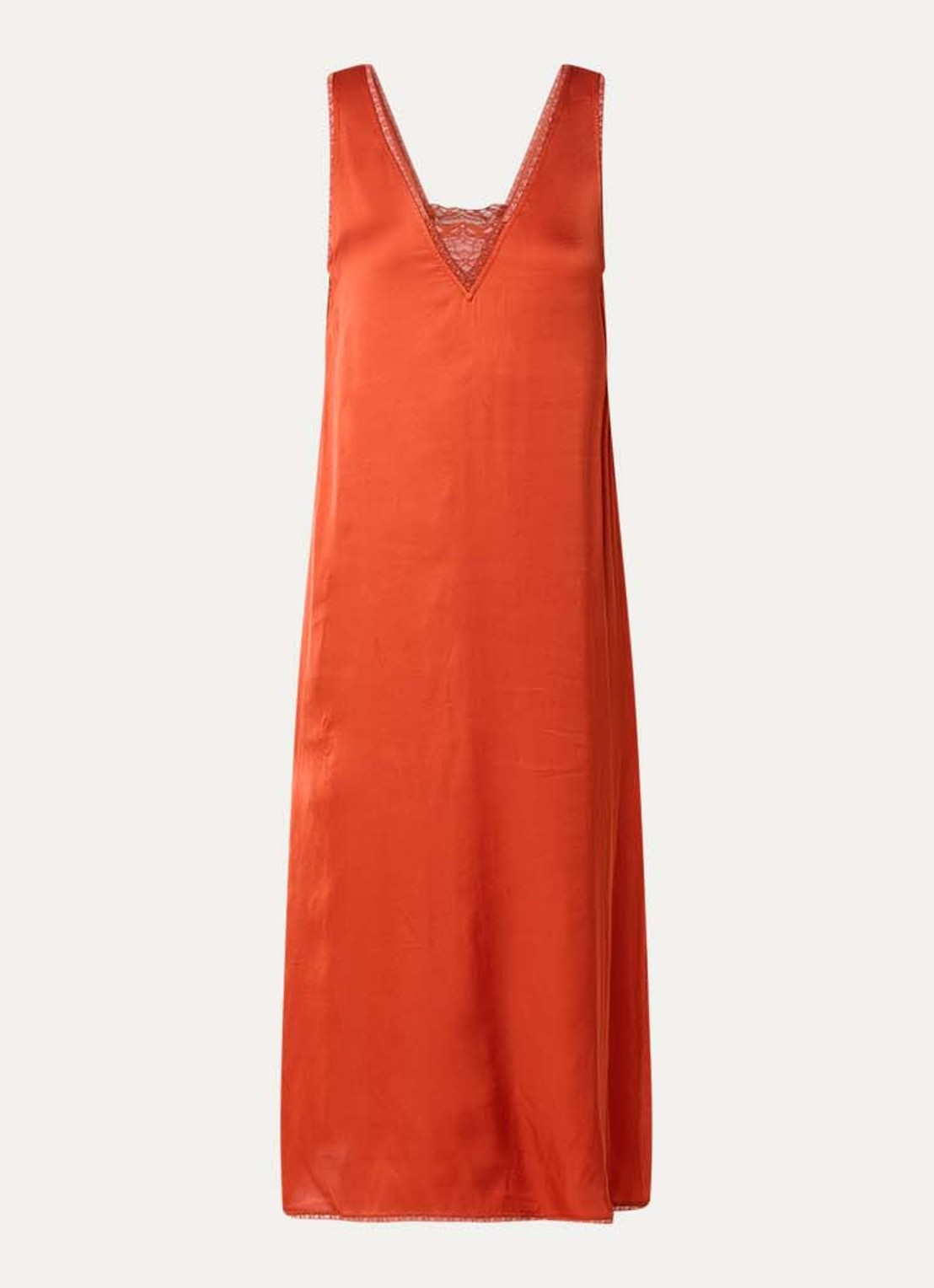 Zadig&Voltaire Renzo midi jurk van satijn met split  - voorkant 3 steenrood