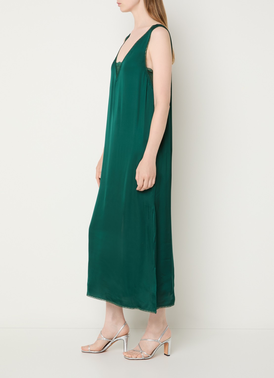 Zadig&Voltaire Renzo midi jurk van satijn met V-hals - voorkant 2 groen