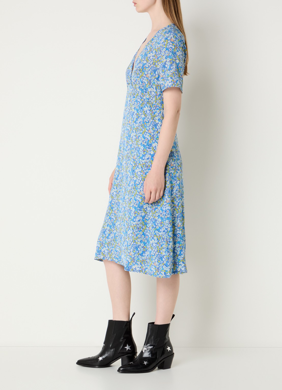 Zadig&Voltaire Rhodral midi jurk met bloemenprint en V-hals  - voorkant 3 blauw