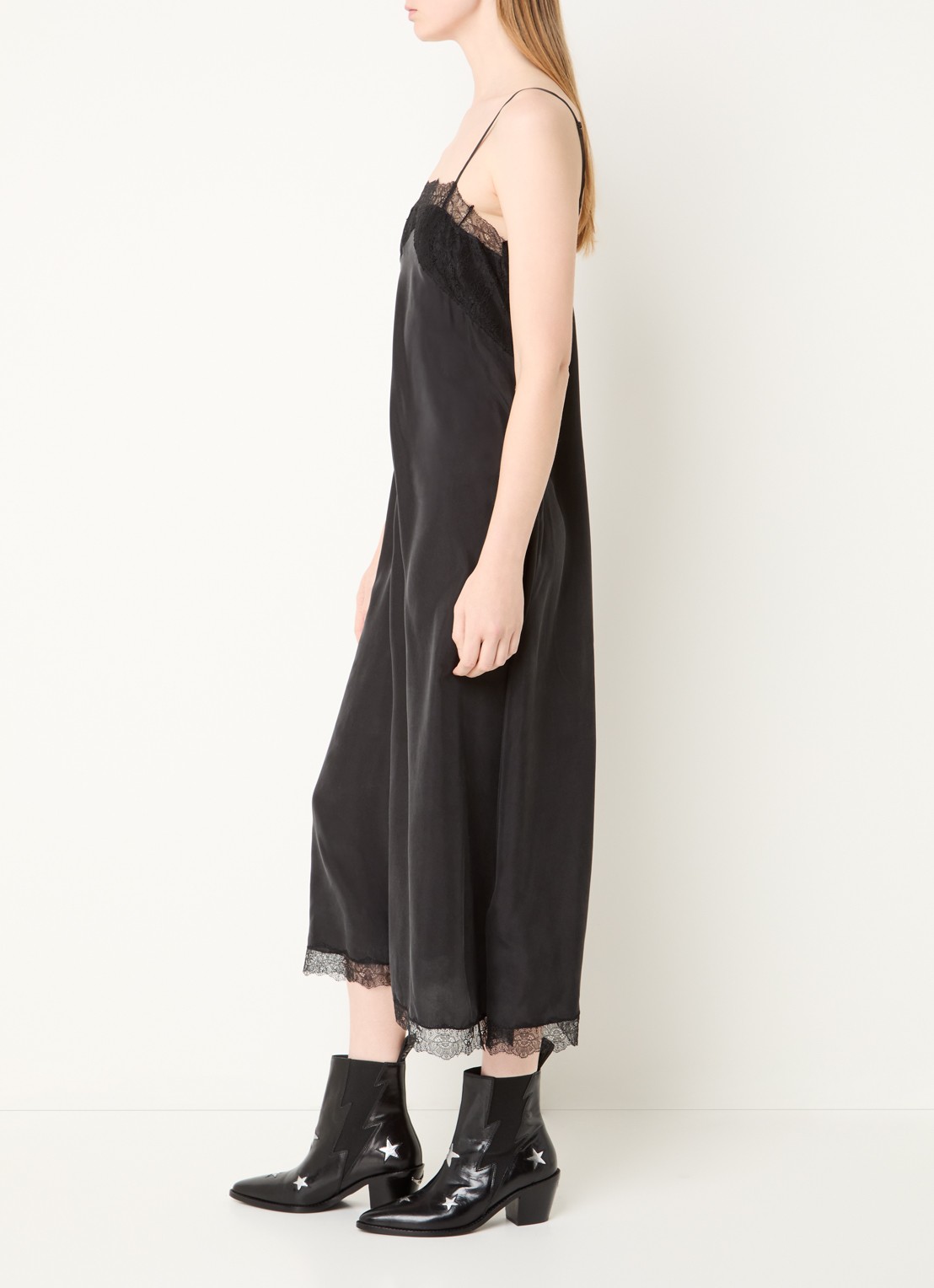 Zadig&Voltaire Ridar midi jurk van satijn met details van kant - voorkant 2 zwart