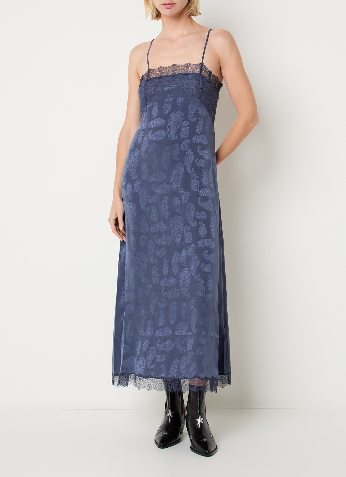 Zadig&Voltaire Ridar midi jurk van zijde met details van kant - detail 2 royalblauw