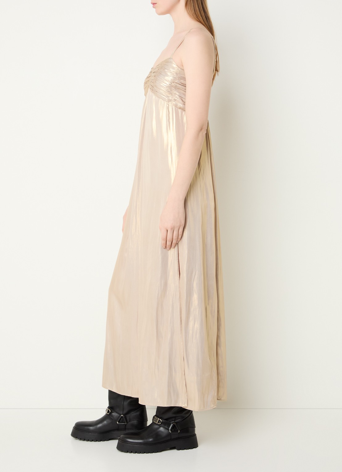 Zadig&Voltaire Rippie maxi jurk met smockwerk en metallic finish - voorkant 3 goud