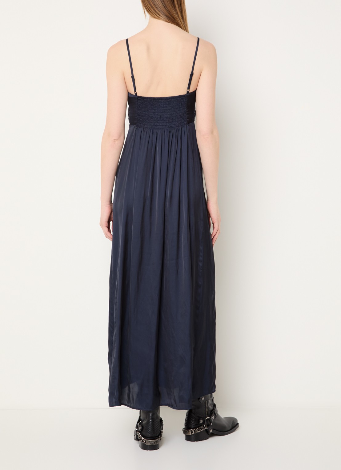 Zadig&Voltaire Rippie maxi jurk van satijn met split - achterkant 2 donkerblauw