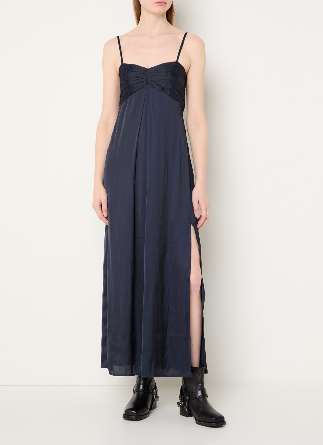 Zadig&Voltaire Rippie maxi jurk van satijn met split - detail donkerblauw
