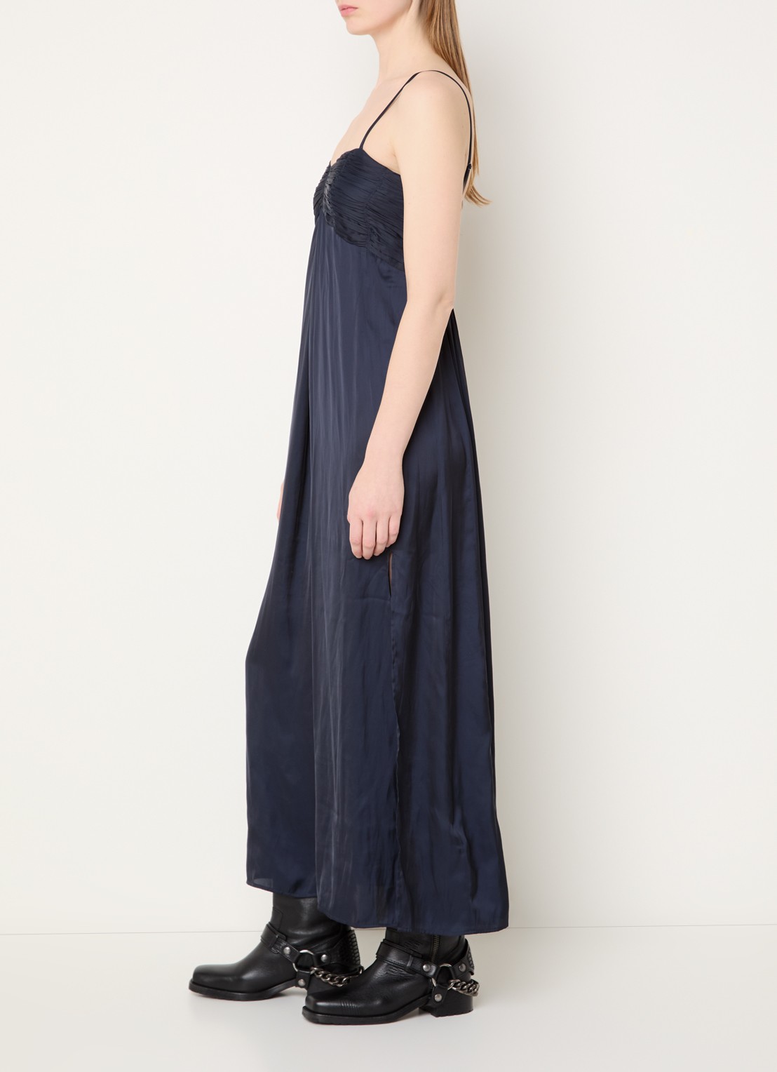 Zadig&Voltaire Rippie maxi jurk van satijn met split - voorkant 4 donkerblauw