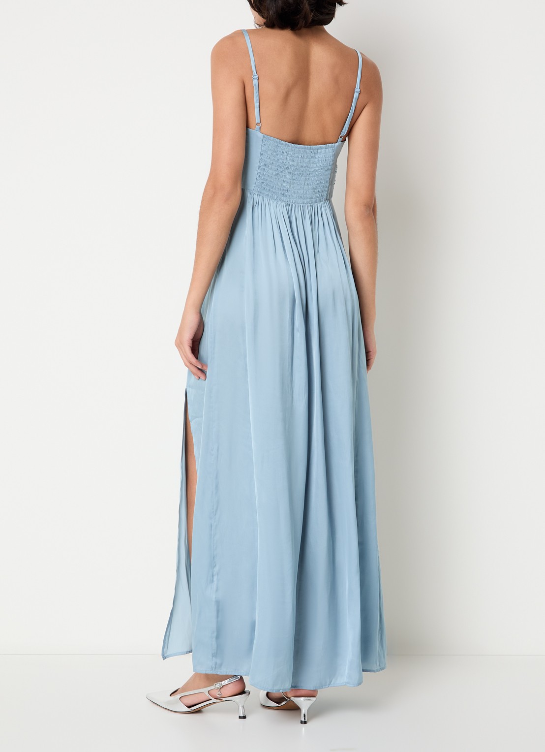 Zadig&Voltaire Rippie maxi jurk van satijn met split - achterkant 3 lichtblauw