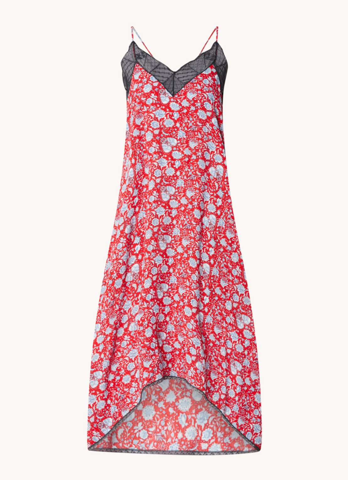 Zadig&Voltaire Risty Soft mouwloze maxi jurk met bloemenprint en kant - voorkant rood