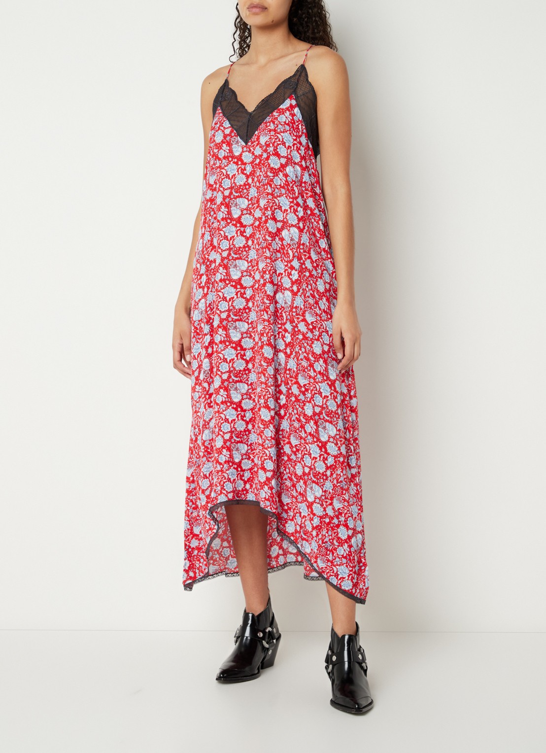 Zadig&Voltaire Risty Soft mouwloze maxi jurk met bloemenprint en kant - voorkant 2 rood