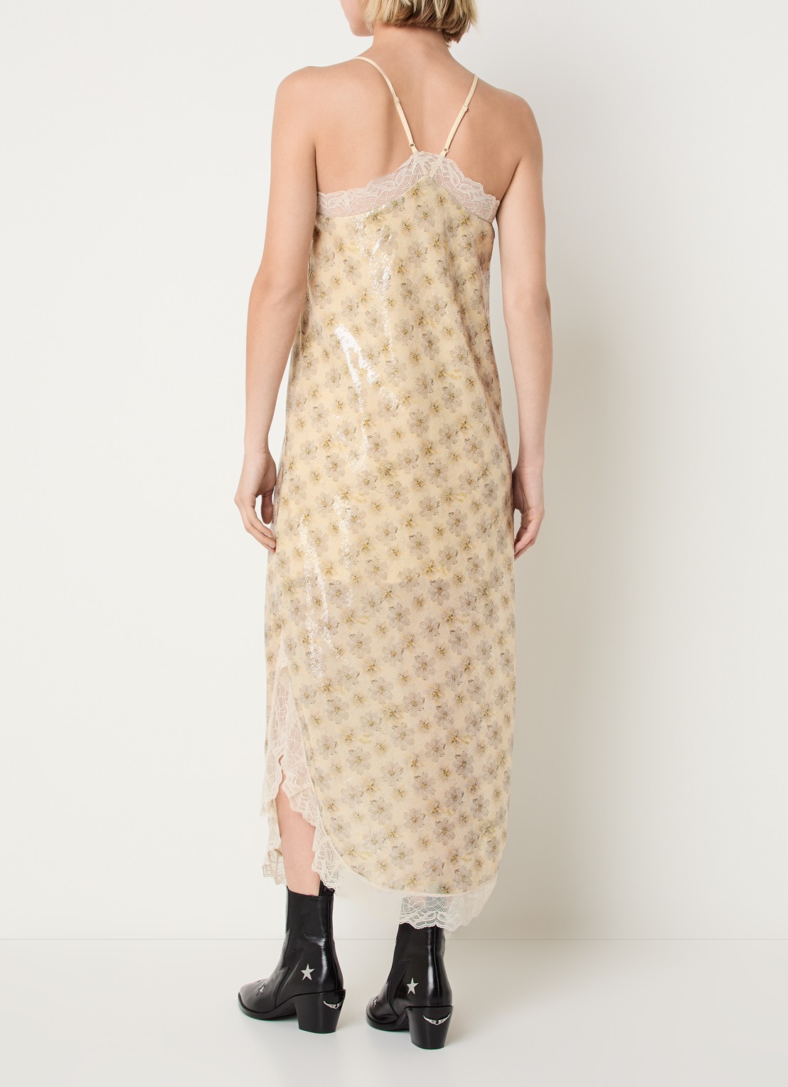 Zadig&Voltaire Ristyl midi jurk met pailletten en details van kant - achterkant 2 lichtgeel