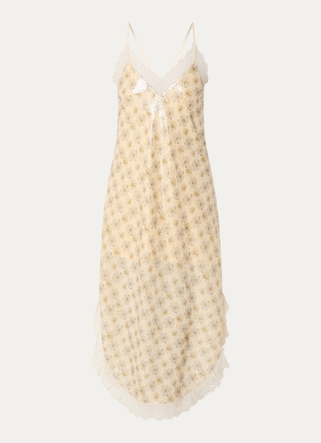 Zadig&Voltaire Ristyl midi jurk met pailletten en details van kant - voorkant 3 lichtgeel