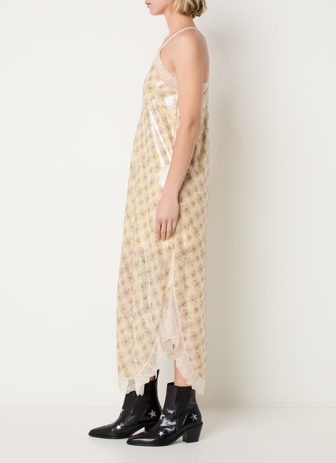 Zadig&Voltaire Ristyl midi jurk met pailletten en details van kant - voorkant 4 lichtgeel