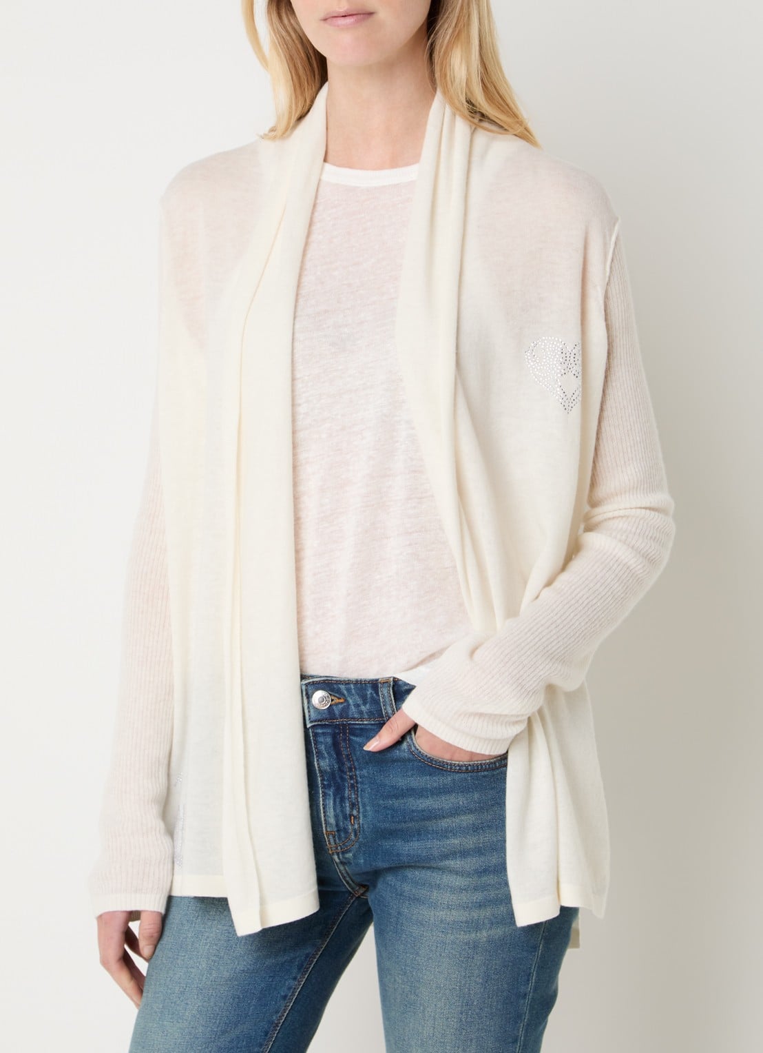 Zadig&Voltaire Robyn openvallend vest van kasjmier - detail vanillegeel