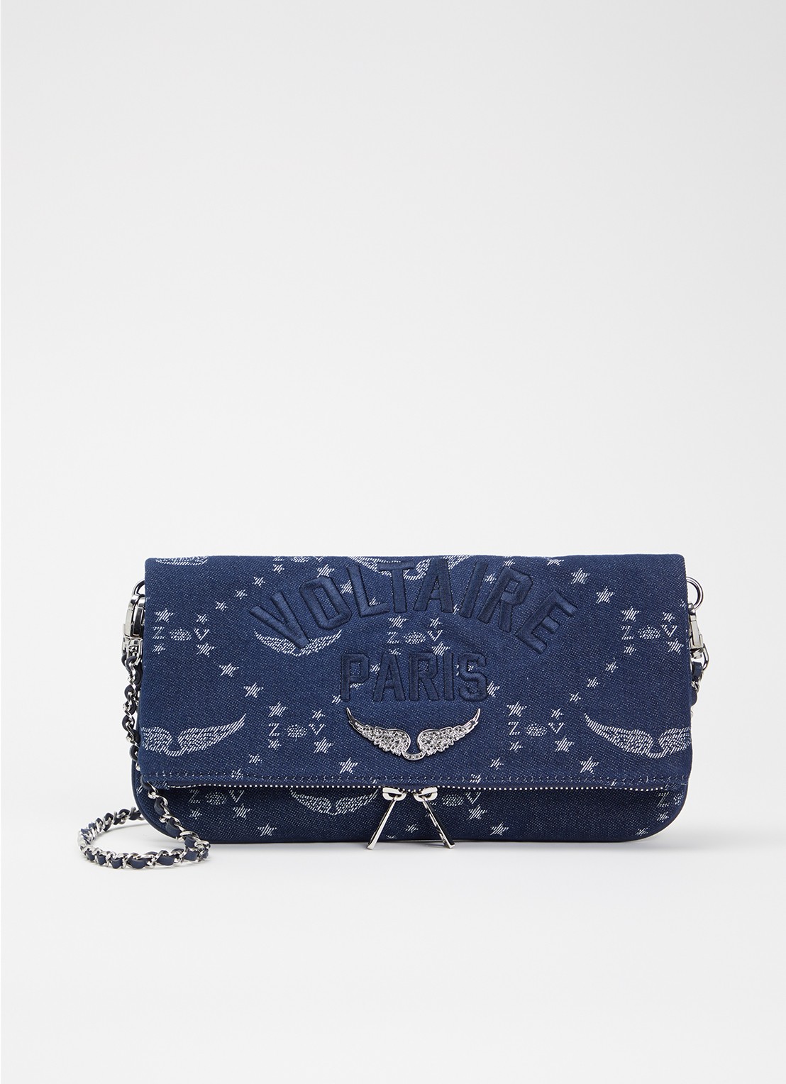 Zadig&Voltaire Rock Denim Monogram clutch met afneembare schouderriem  - voorkant 5 donkerblauw