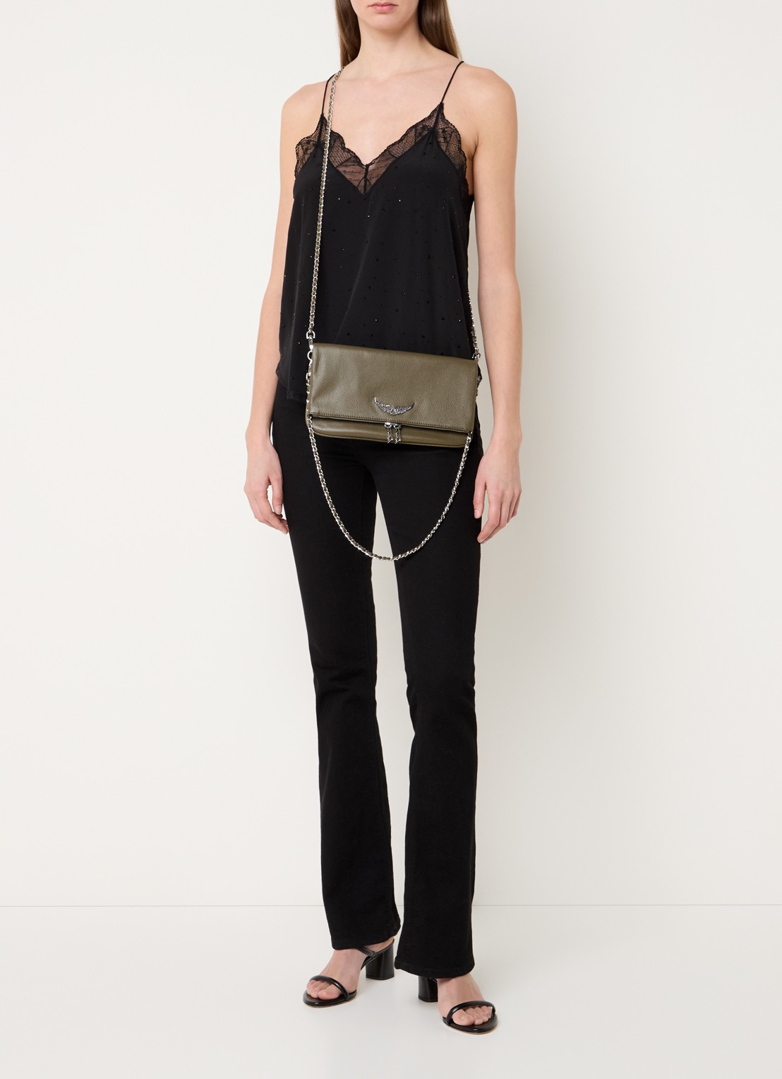 Zadig&Voltaire Rock Grained clutch van leer - voorkant 2 legergroen