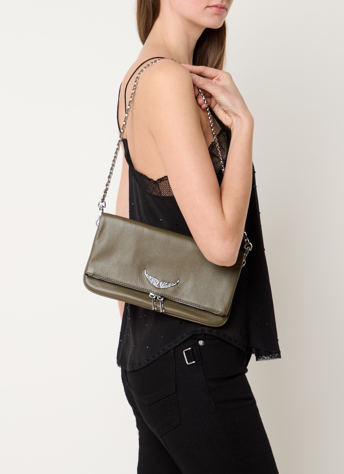 Zadig&Voltaire Rock Grained clutch van leer - voorkant 3 legergroen