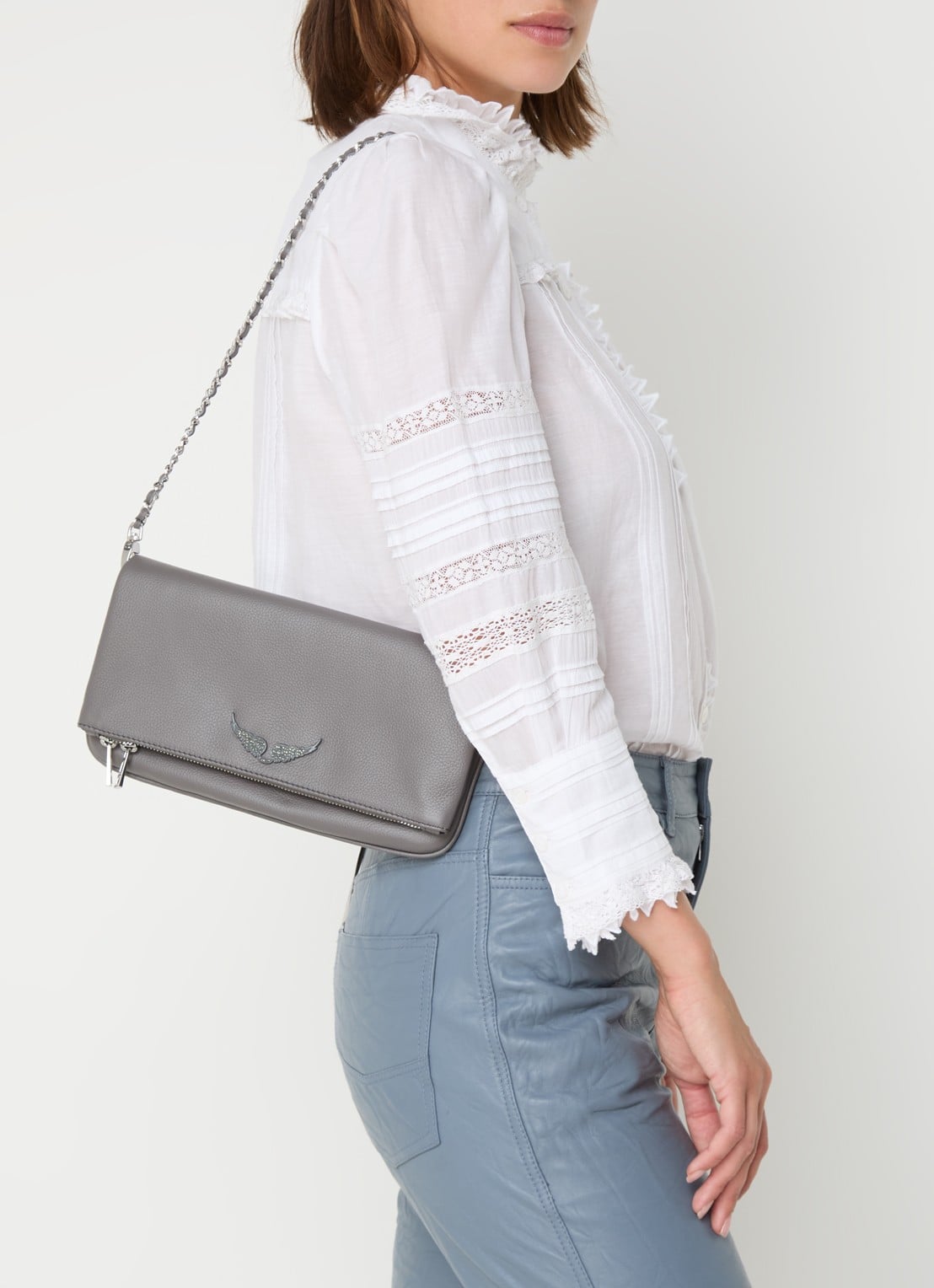 Zadig&Voltaire Rock Grained clutch van leer - voorkant grijs