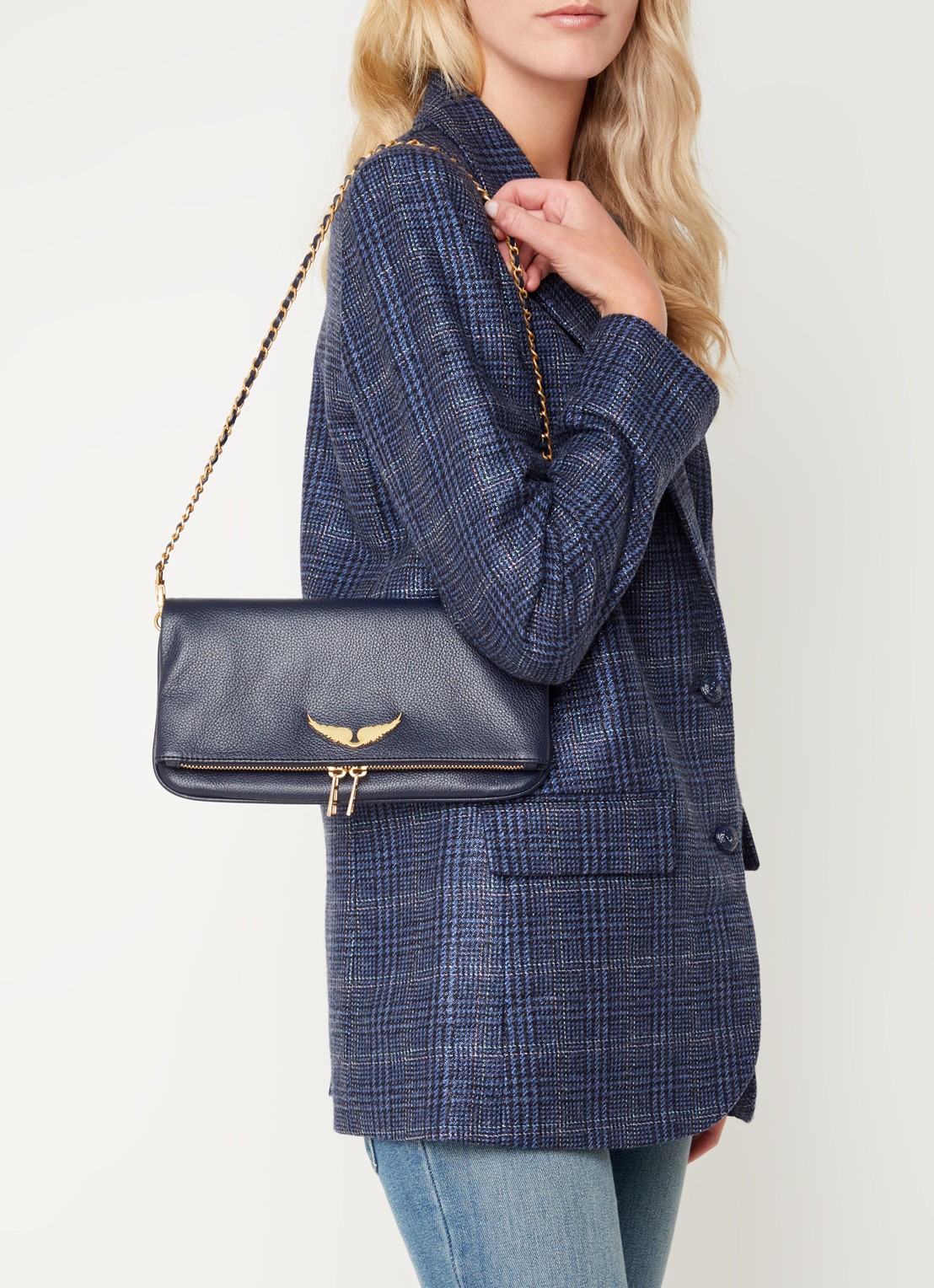 Zadig&Voltaire Rock Grained clutch van leer - voorkant 4 middenblauw