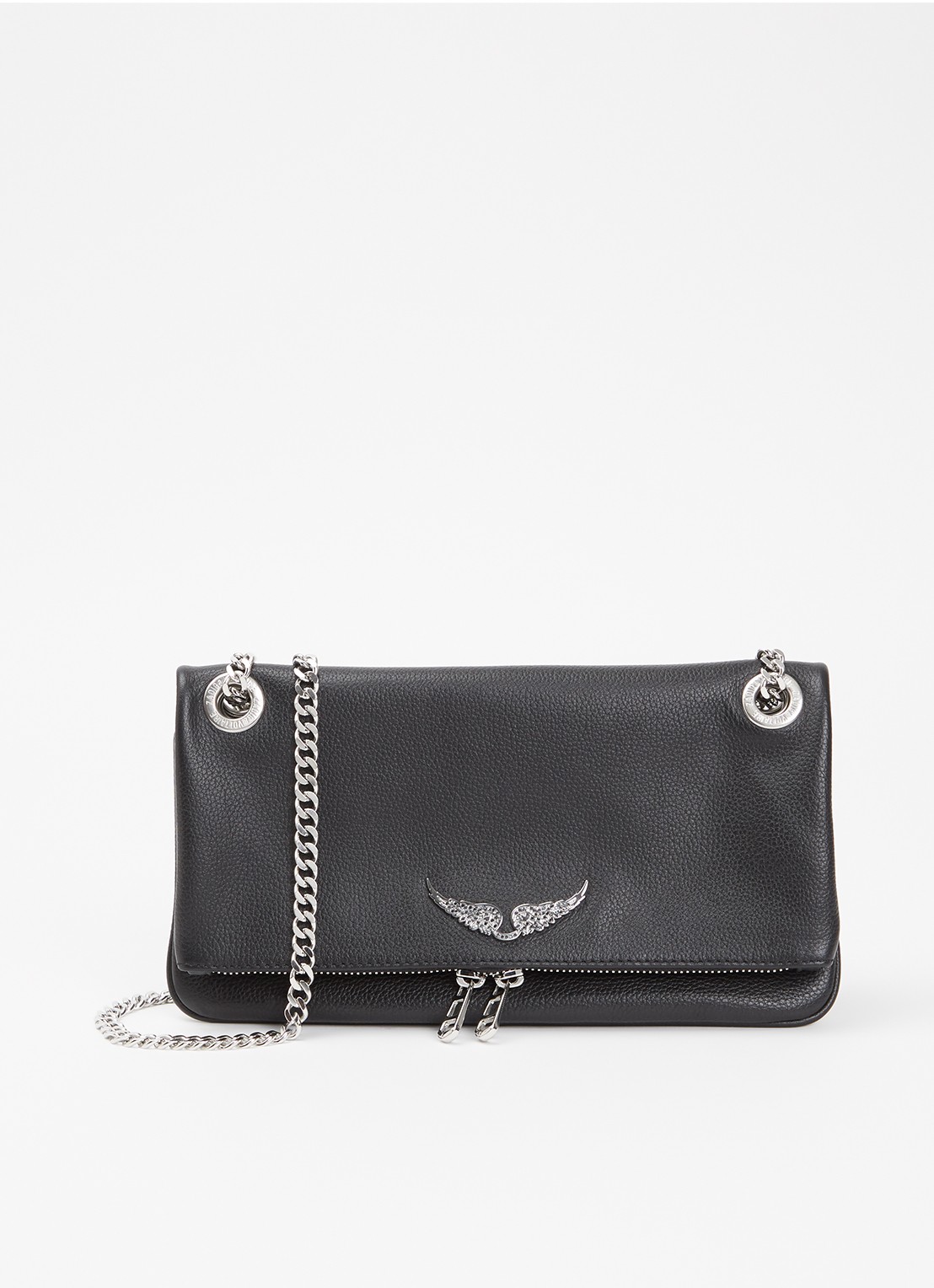 Zadig&Voltaire Rock II Grained clutch van leer met verstelbare schouderriem - voorkant zwart